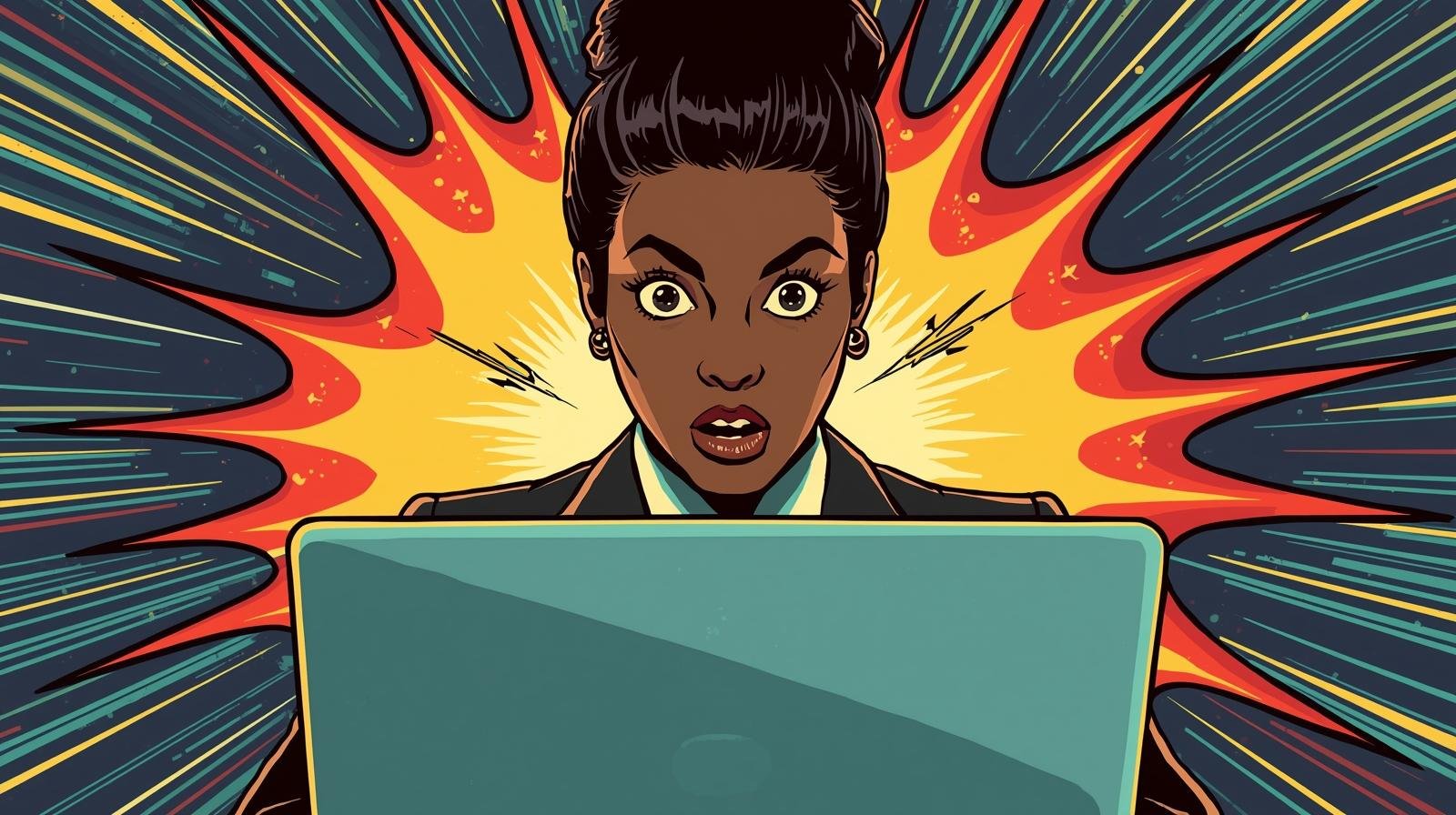 Surprised woman with laptop in pop-art style, vibrant comic explosion background.