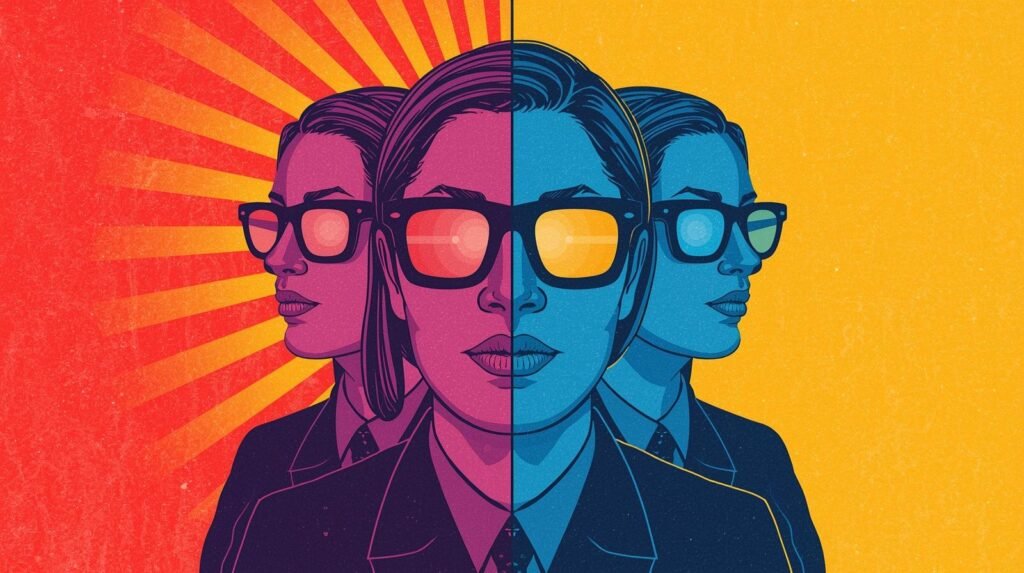 Vibrant stylized illustration: duality, warm/cool tones, superhero figures, mirrored composition.