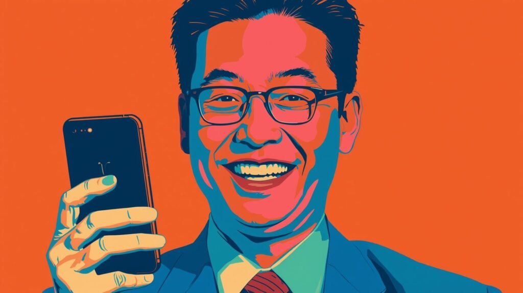 Colorful pop art of a smiling man with glasses holding a smartphone.