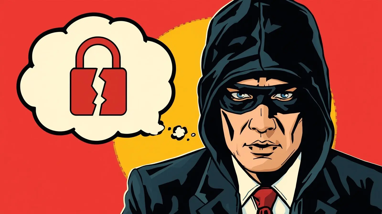 Linux Physical Access Security: Why Login Screens Don’t Matter 🧲 1 Pop art illustration of a hooded thief in suit with cracked padlock thought bubble.