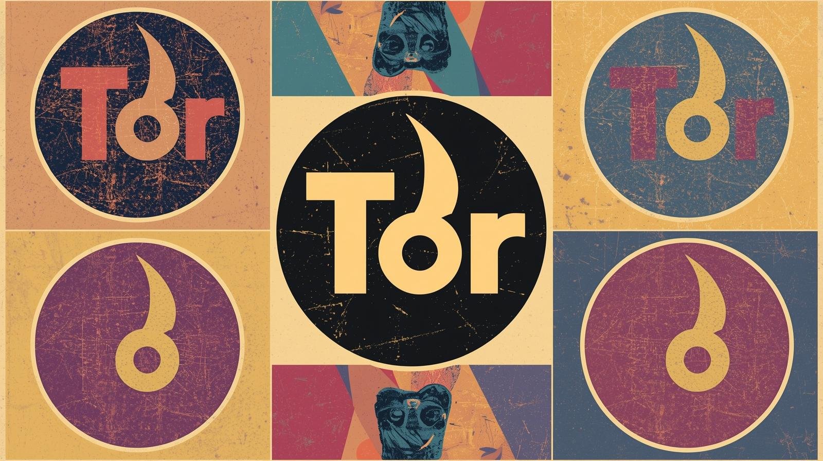 Vintage Tor logo collage with retro designs and abstract animal patterns on textured background.