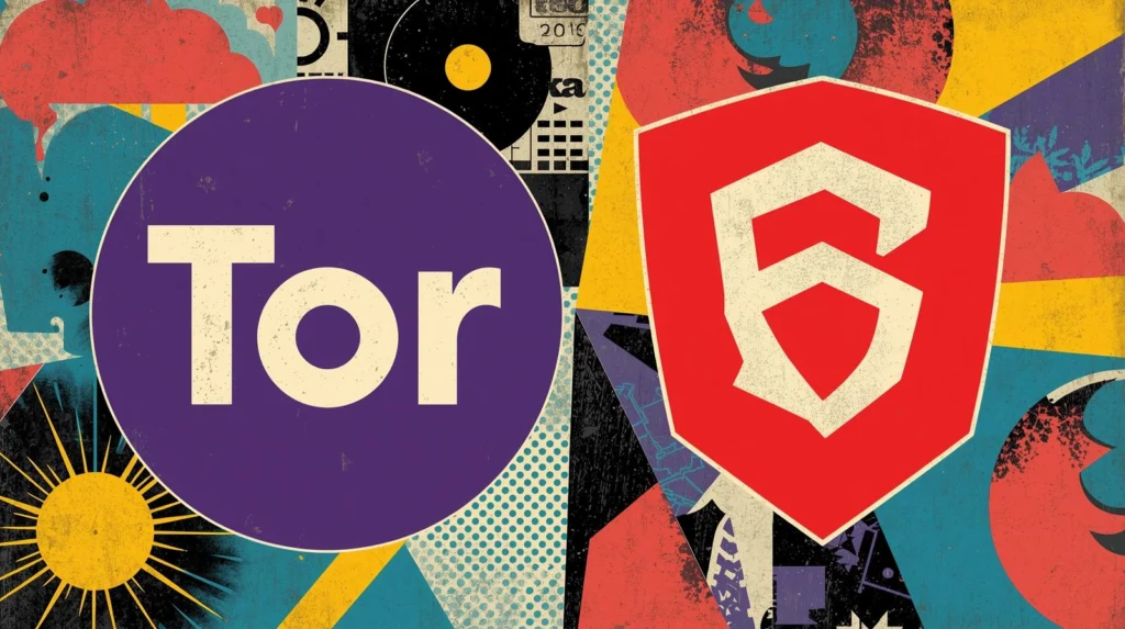 Tor Project and digital security symbol in a vibrant, modernist collage.