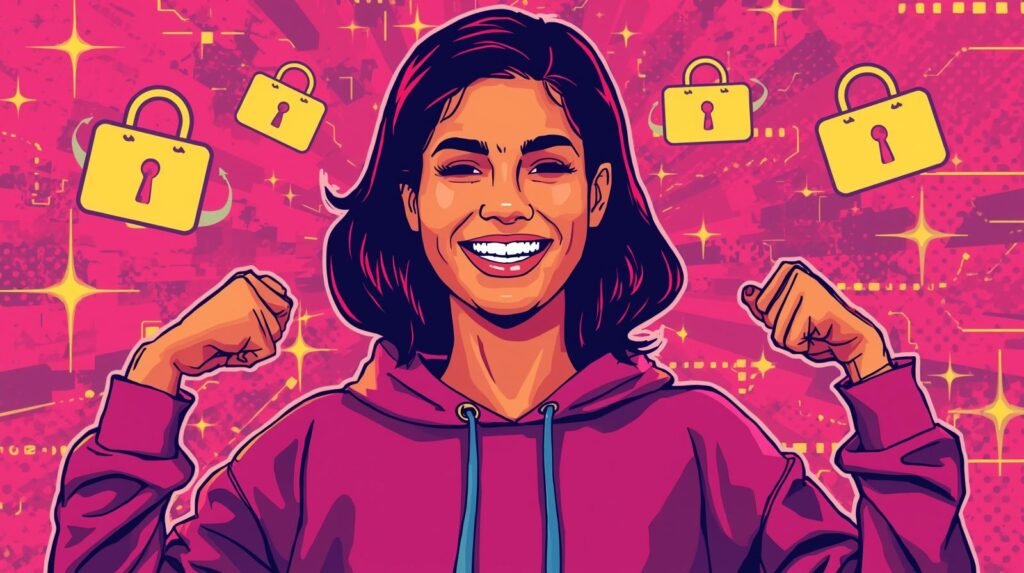 ProtonMail Security for Beginners: What It Protects — and What It Doesn’t 🛡️ 5 Joyful person in magenta hoodie with padlock icons symbolizing empowerment and digital security.