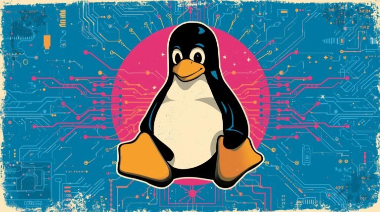 Playful Linux Tux penguin with retro-futuristic circuit design and vibrant colors.