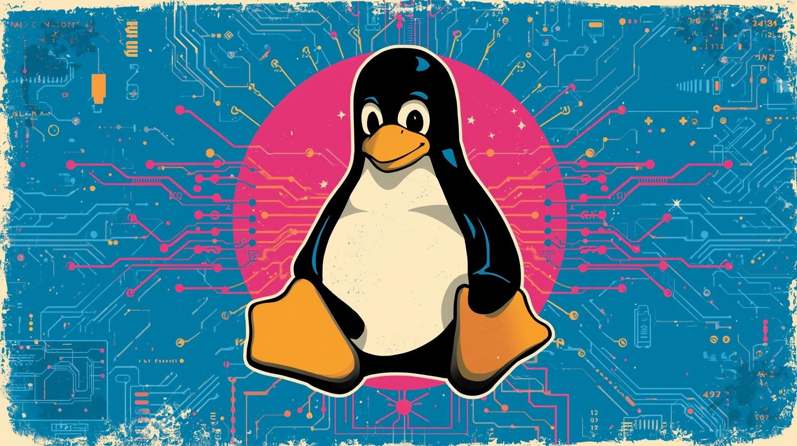 Playful Linux Tux penguin with retro-futuristic circuit design and vibrant colors.