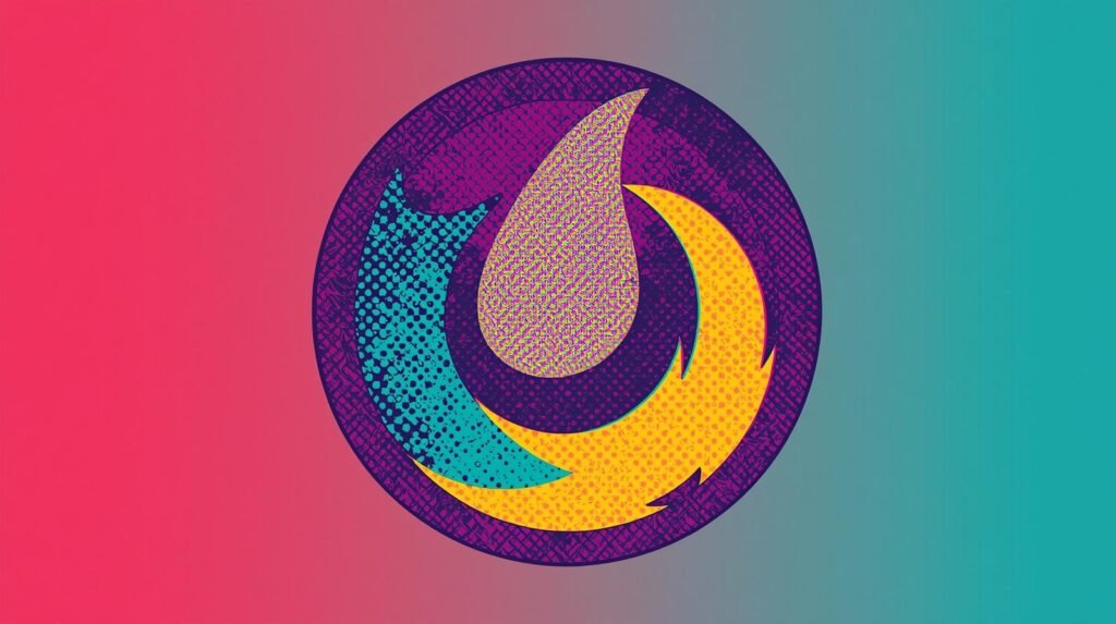 Abstract emblem with vibrant colors, swirl design, gradient background, and intricate patterns.