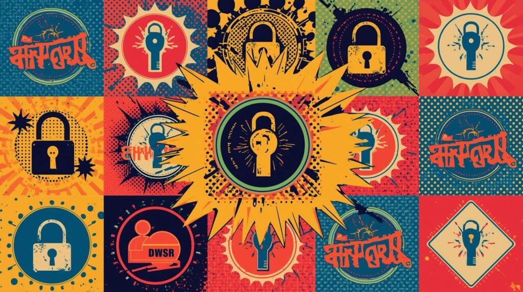Pop-art collage featuring padlocks, security motifs, bold colors, and retro comic-style elements.