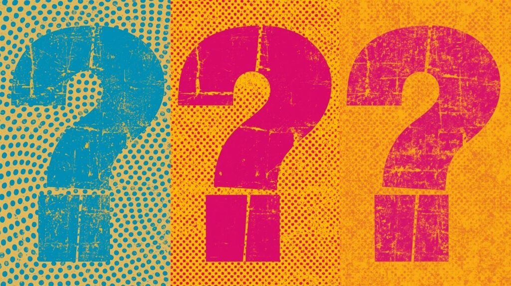 Pop art question marks with vibrant colors and textured backgrounds.