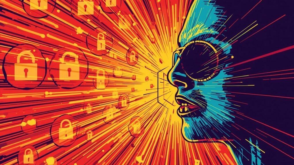 Deepfake Vishing Scams: How AI Voice Cloning Breaks Trust 🎭 6 Futuristic abstract face with cybernetic lines, vibrant colors, and padlock icons symbolizing data security.