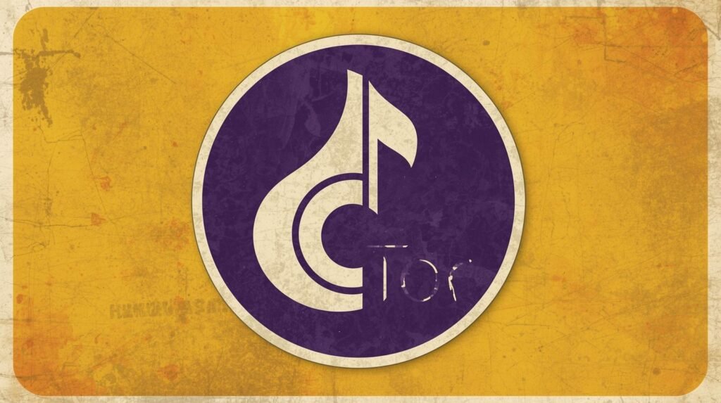 Vintage retro musical emblem on aged yellow background with distressed purple circle and stylized note.