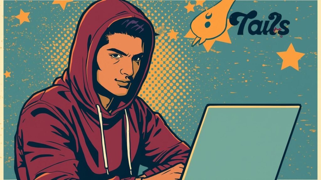 How to Install and Use Tails OS for Safe Dark Web Access 🧩 5 Pop art illustration: person in red hoodie with laptop, retro comic style, Tails logo.