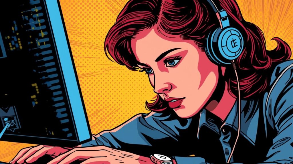 Web Application Penetration Testing for Beginners: Step‑by‑Step Guide 🔍 5 Pop art illustration of a woman working at a computer, wearing headphones, looking focused.