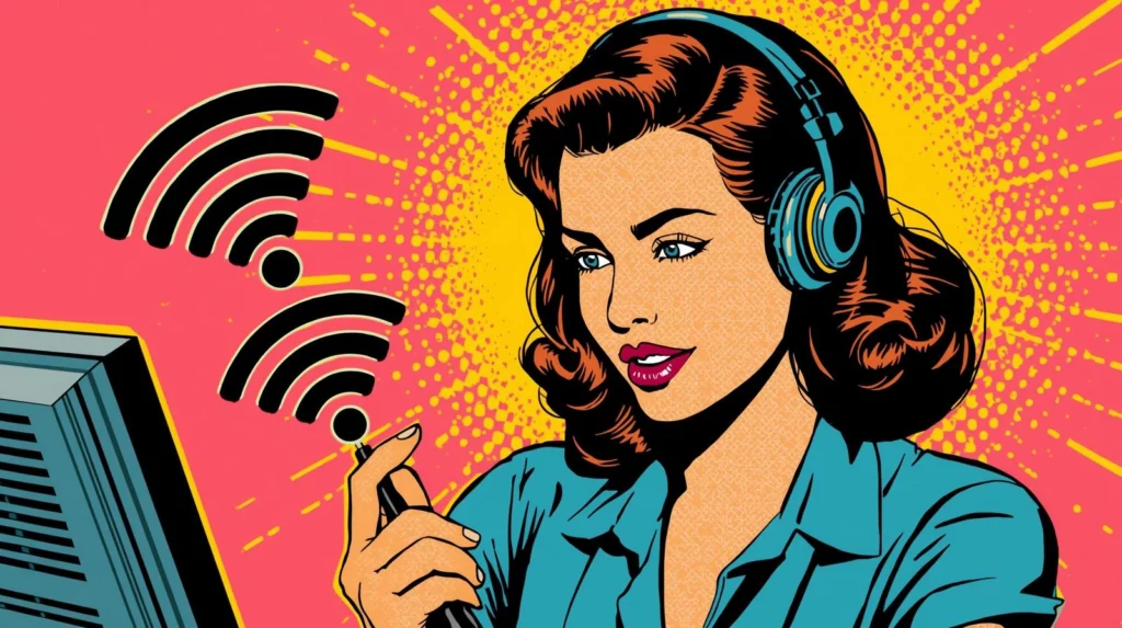 WiFi Monitor Mode Explained: Sniffing Networks the Ethical Way 🧠 3 Pop art woman with retro style, headphones, microphone, and computer, illustrating digital connectivity.