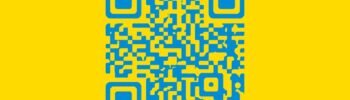 Blue QR code on yellow background with modern, minimalist design.