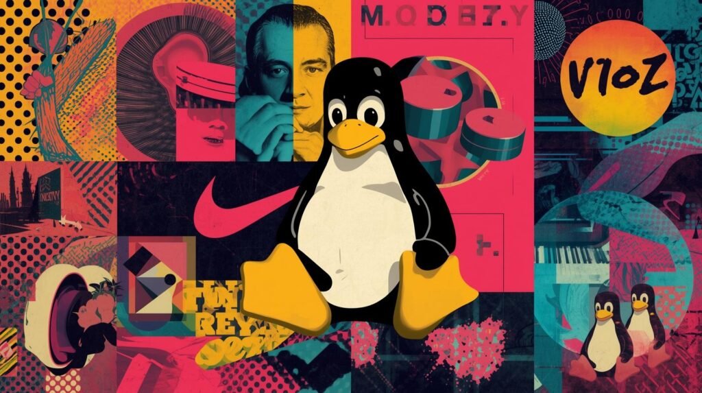 Linux Tux collage featuring pop culture, urban themes, and vibrant graphics.
