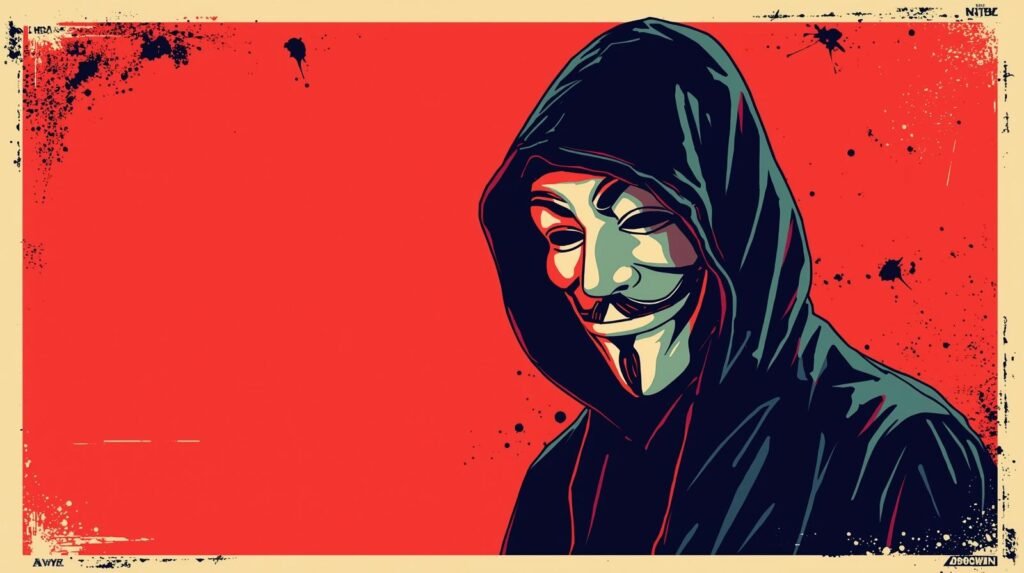 Anonymous figure with Guy Fawkes mask, red background, symbolizing rebellion and secrecy.