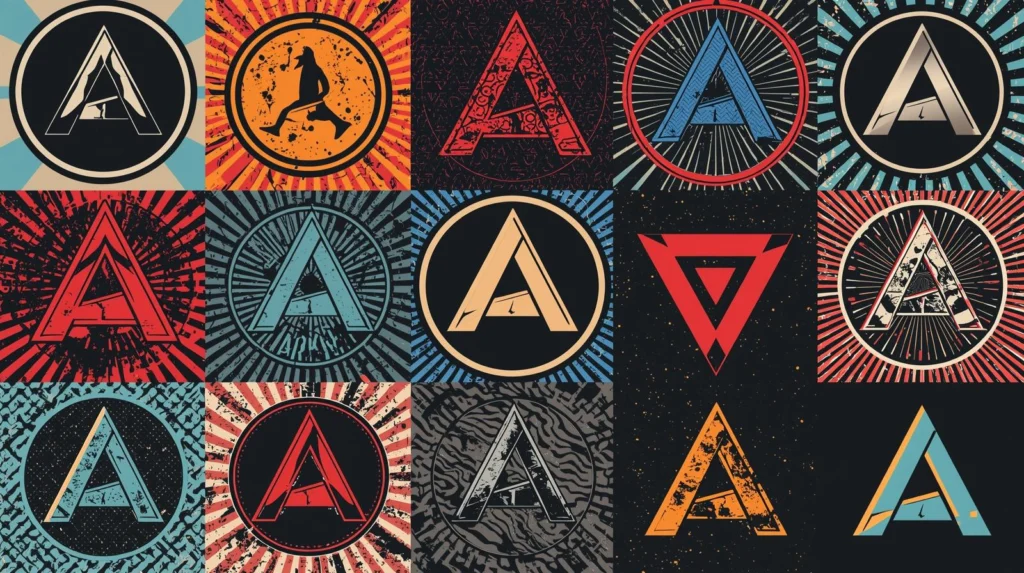 Collage of artistic letter A designs in various colors and geometric styles.