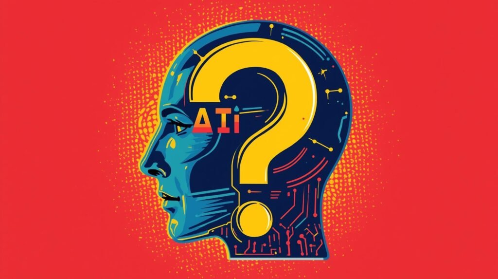 AI-human fusion: Blue head, yellow question mark, circuit patterns, red background.