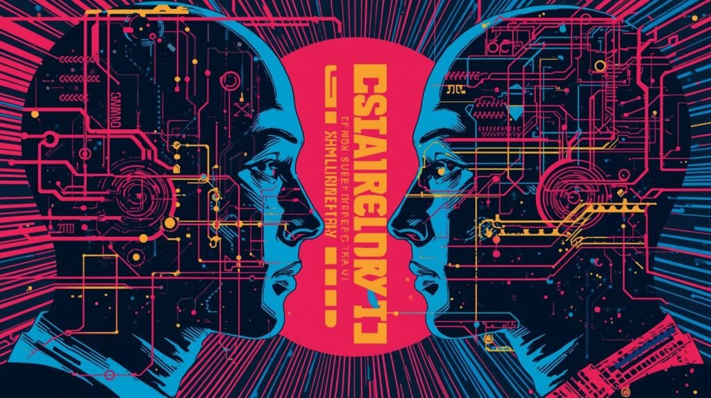 Futuristic human-tech profiles with circuit patterns, highlighting digital connectivity and interaction.