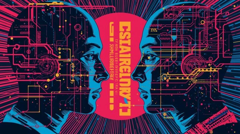 Futuristic human-tech profiles with circuit patterns, highlighting digital connectivity and interaction.