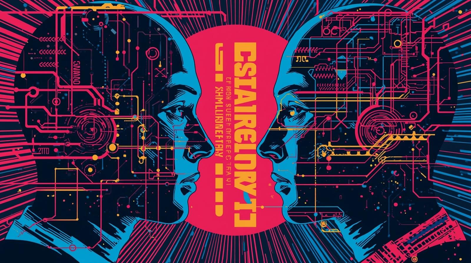 Futuristic human-tech profiles with circuit patterns, highlighting digital connectivity and interaction.