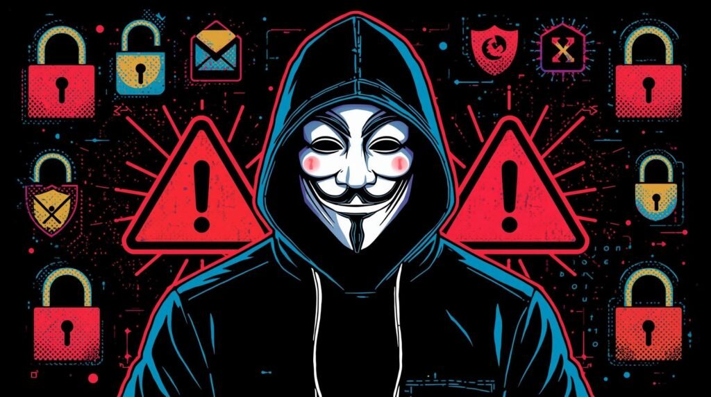 Anonymous Email from the Dark Web: What Actually Works (And What Fails)🔐 7 Anonymous hacker in a Guy Fawkes mask surrounded by cybersecurity symbols and warnings.