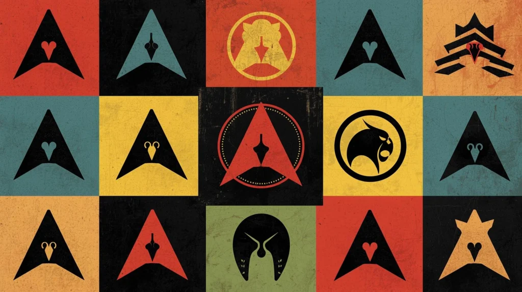 Grid of 15 abstract arrowhead logos on textured, colored backgrounds.