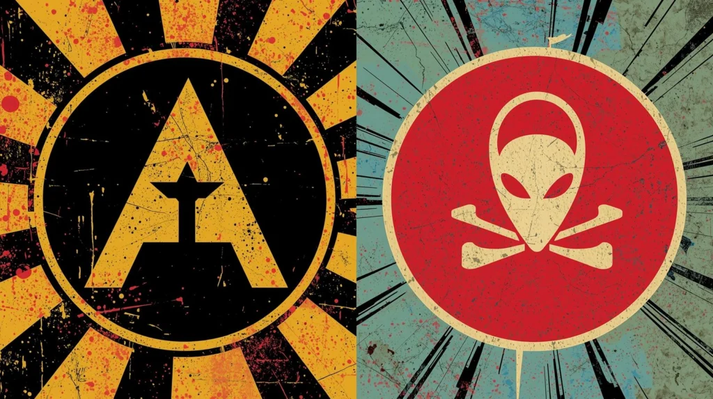 Grunge art depicting authority and mystery symbols in contrasting colors and textures.