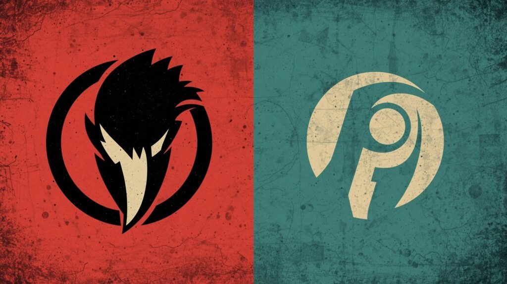 Dual emblems on rustic red and teal backgrounds, featuring a bird silhouette and abstract design.