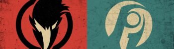 Dual emblems on rustic red and teal backgrounds, featuring a bird silhouette and abstract design.