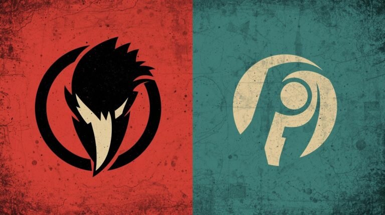 Dual emblems on rustic red and teal backgrounds, featuring a bird silhouette and abstract design.