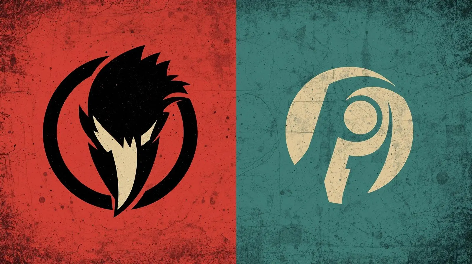 Dual emblems on rustic red and teal backgrounds, featuring a bird silhouette and abstract design.
