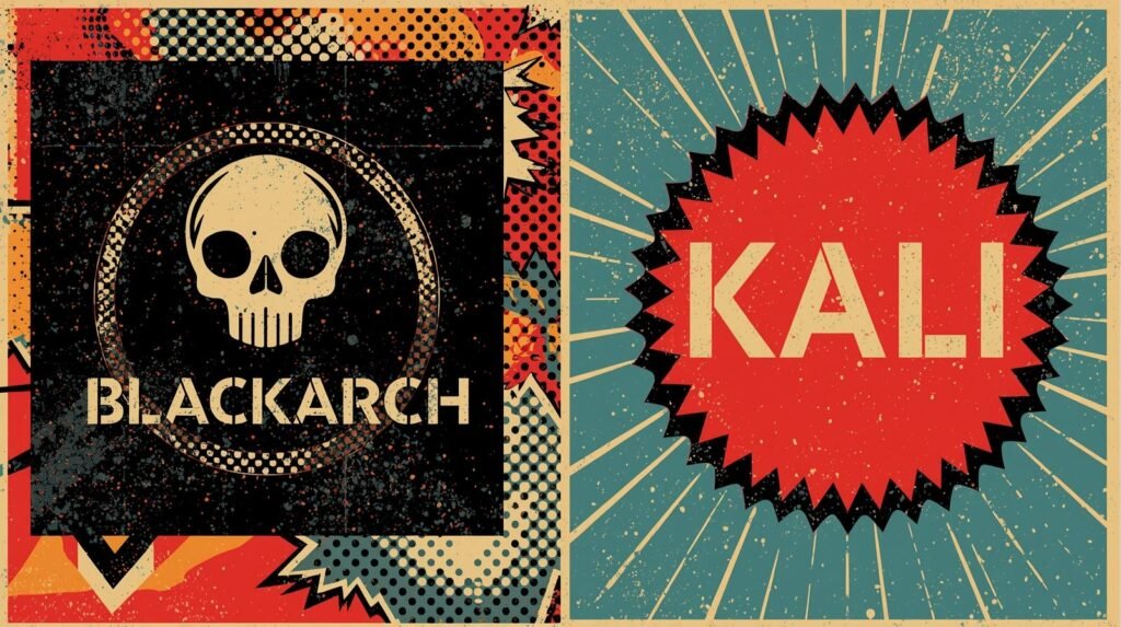 BlackArch Linux vs Kali: Which One Should You Choose? 🗡️ 6 Vintage grunge graphic with skull, BLACKARCH, and KALI design; dynamic contrasts and textures.