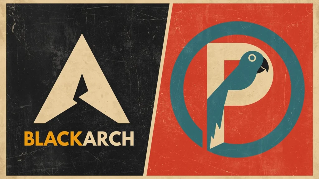 Bold BlackArch logo and creative parrot design on split black and red background.