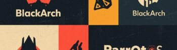 Cyber security logos: BlackArch, Parrot OS with abstract designs and bold typography.