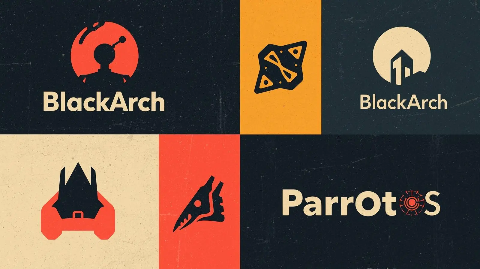 Cyber security logos: BlackArch, Parrot OS with abstract designs and bold typography.