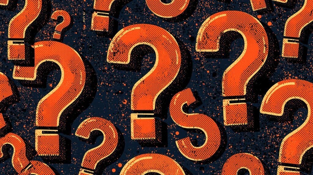 Orange question marks pop art pattern on dark background, conveying chaos and curiosity.