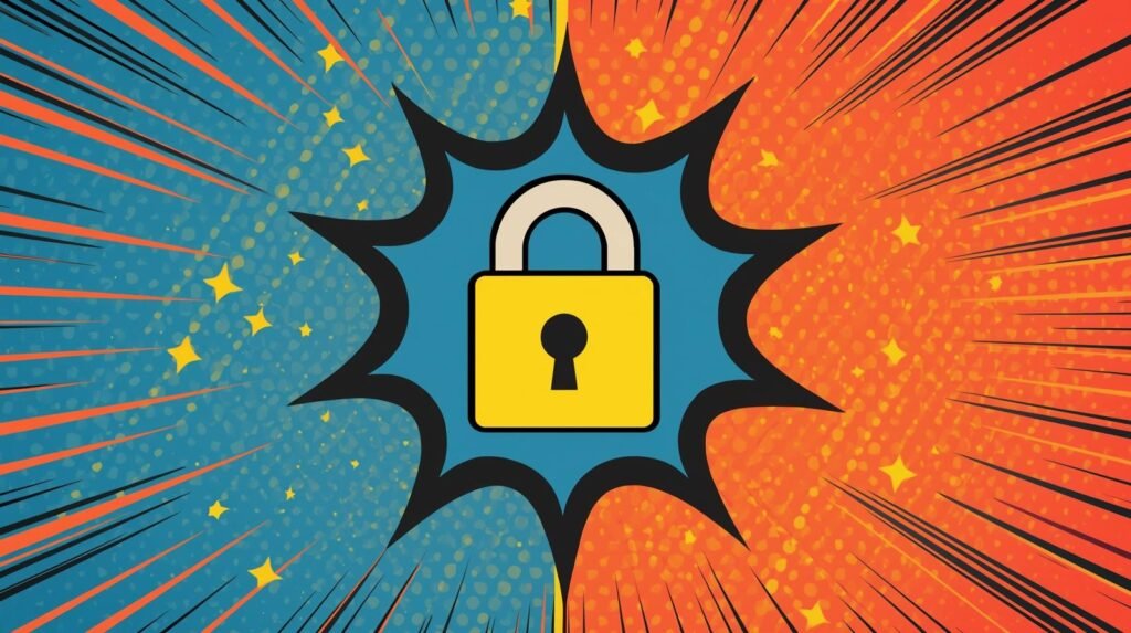 Comic-style explosion with lock symbol, vibrant colors suggest security amid chaos.