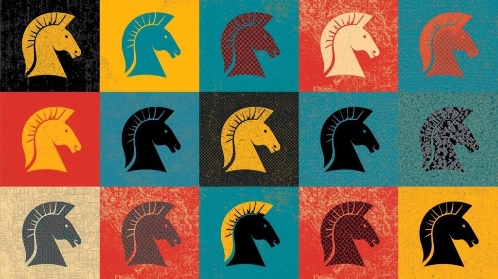 Colorful chess knight art grid showcasing diverse horse head designs and patterns.