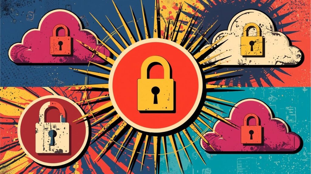 Secure Cloud Storage Explained: How to Protect Data the Right Way 🧊 5 Pop-art digital security imagery with cloud storage, colorful locks, and dynamic abstract patterns.