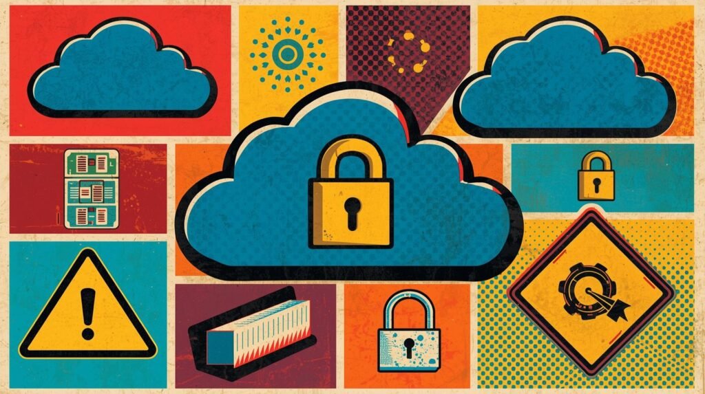Secure Cloud Storage Explained: How to Protect Data the Right Way 🧊 6 Retro collage of cloud computing, security padlock, server icons, and network symbols.