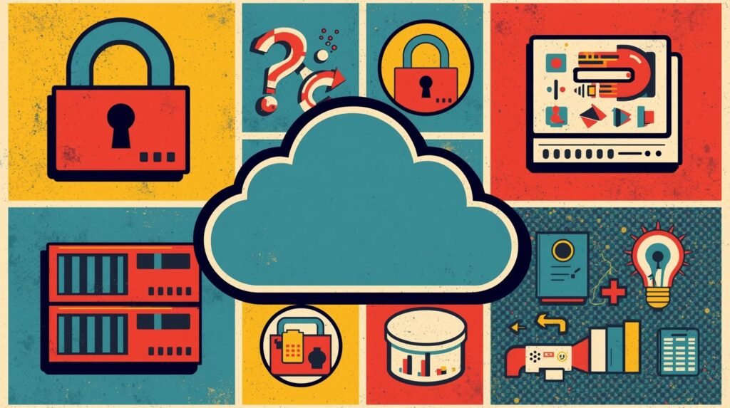 Secure Cloud Storage Explained: How to Protect Data the Right Way 🧊 3 Cloud computing illustration featuring security, data, technology icons, financial tools, and creativity symbols.