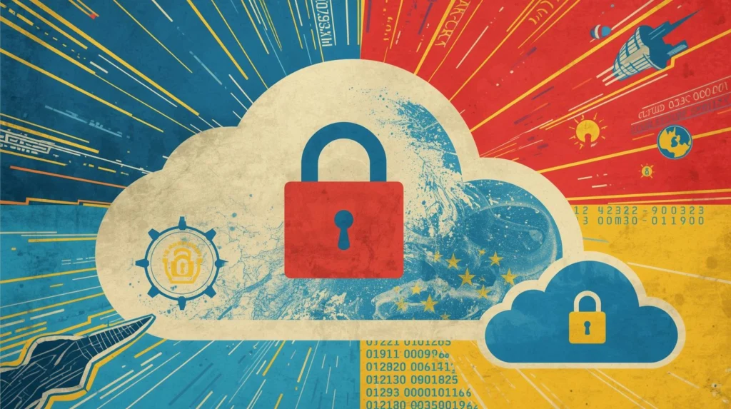 Cloud computing security illustration with padlock, digital encryption symbols, and technology elements.