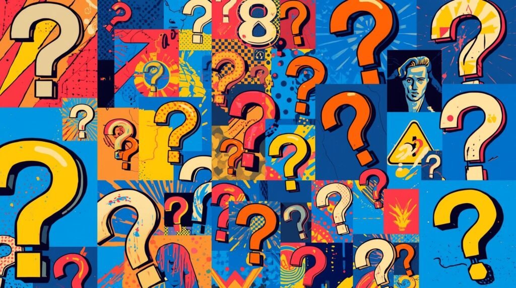 Colorful pop-art collage featuring question marks and abstract elements, enhancing curiosity and intrigue.