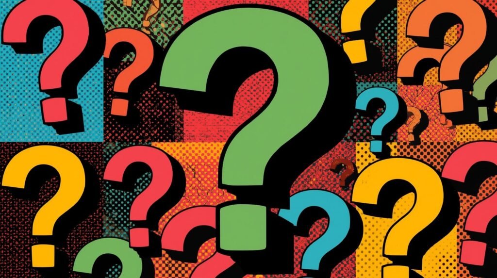 Colorful pop art image featuring vibrant question marks with abstract comic-style backgrounds.