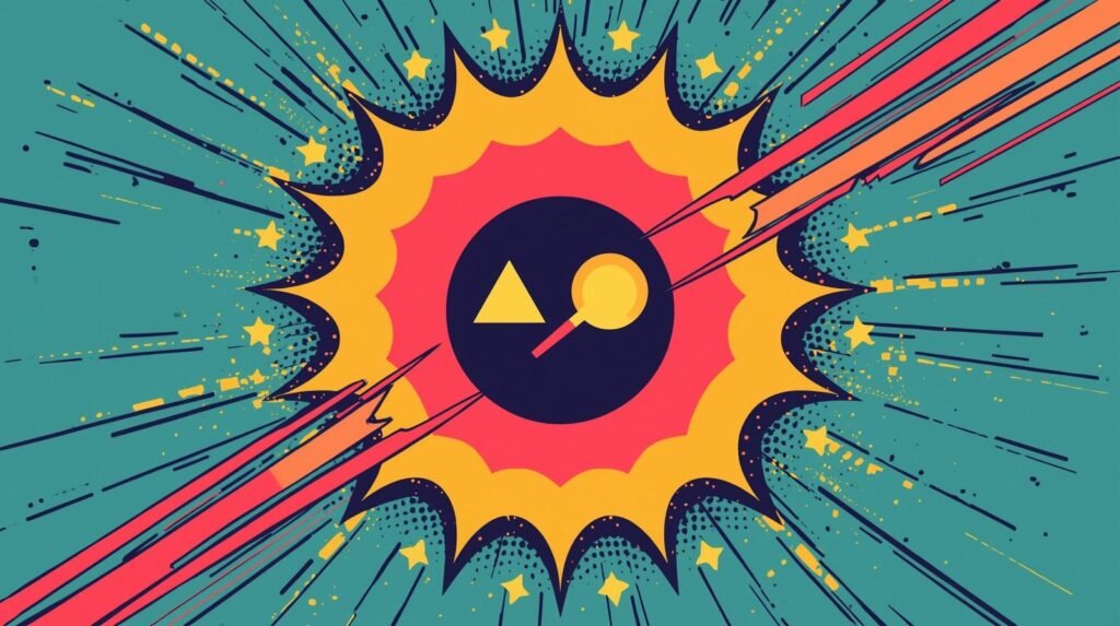 Comic-style explosion with vibrant colors, dynamic shapes, and energetic motion lines.