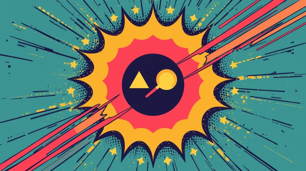 Comic-style explosion with vibrant colors, dynamic shapes, and energetic motion lines.