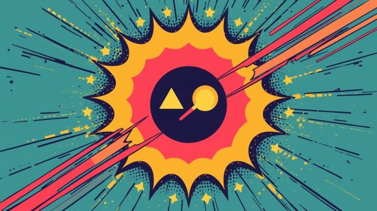 Comic-style explosion with vibrant colors, dynamic shapes, and energetic motion lines.