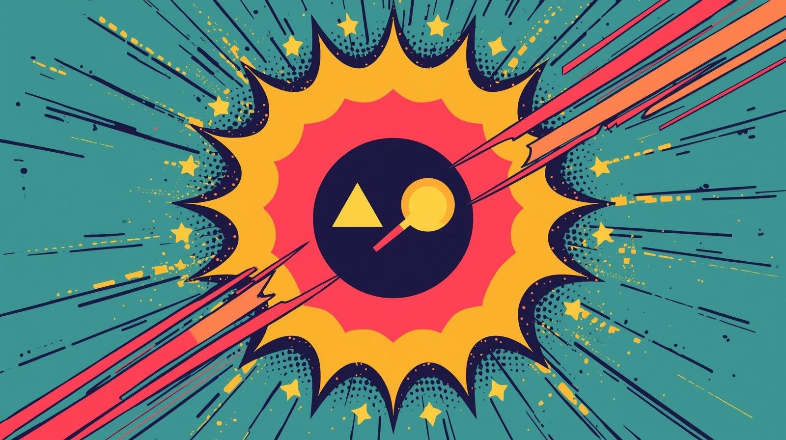 Comic-style explosion with vibrant colors, dynamic shapes, and energetic motion lines.