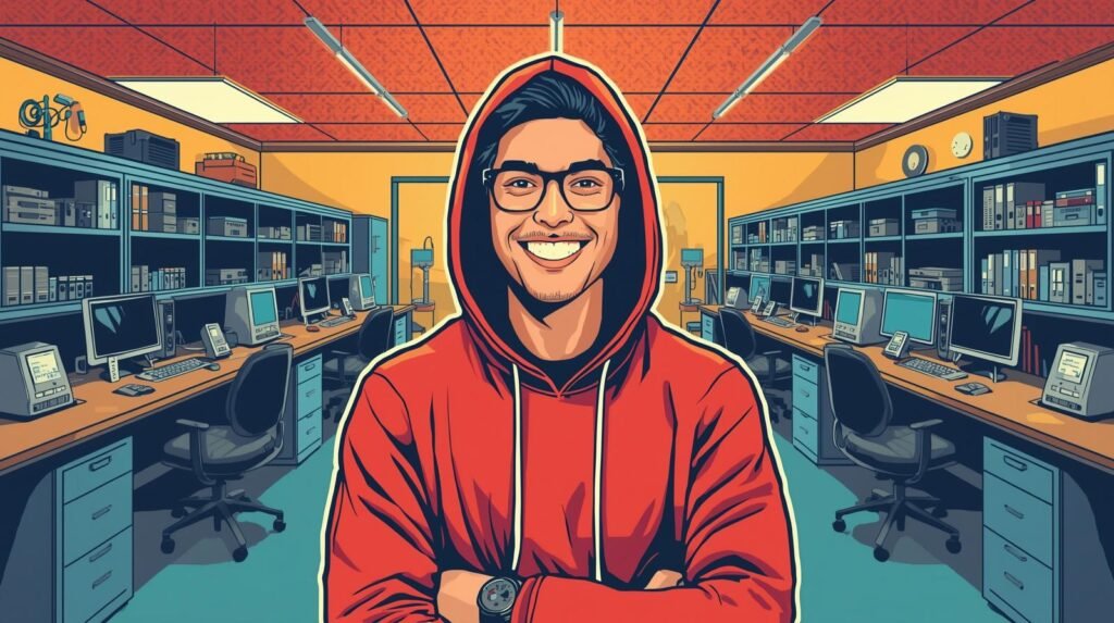 Home Cybersecurity Lab Logging: What Most Labs Never Record 🧪 3 Person in red hoodie in modern office setting, conveying confidence and enthusiasm.